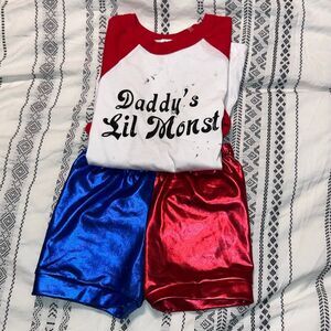 Harley Quinn “Daddy’s Lil Monster” Costume Set – Girls 5T – Red & Blue Shorts Ou